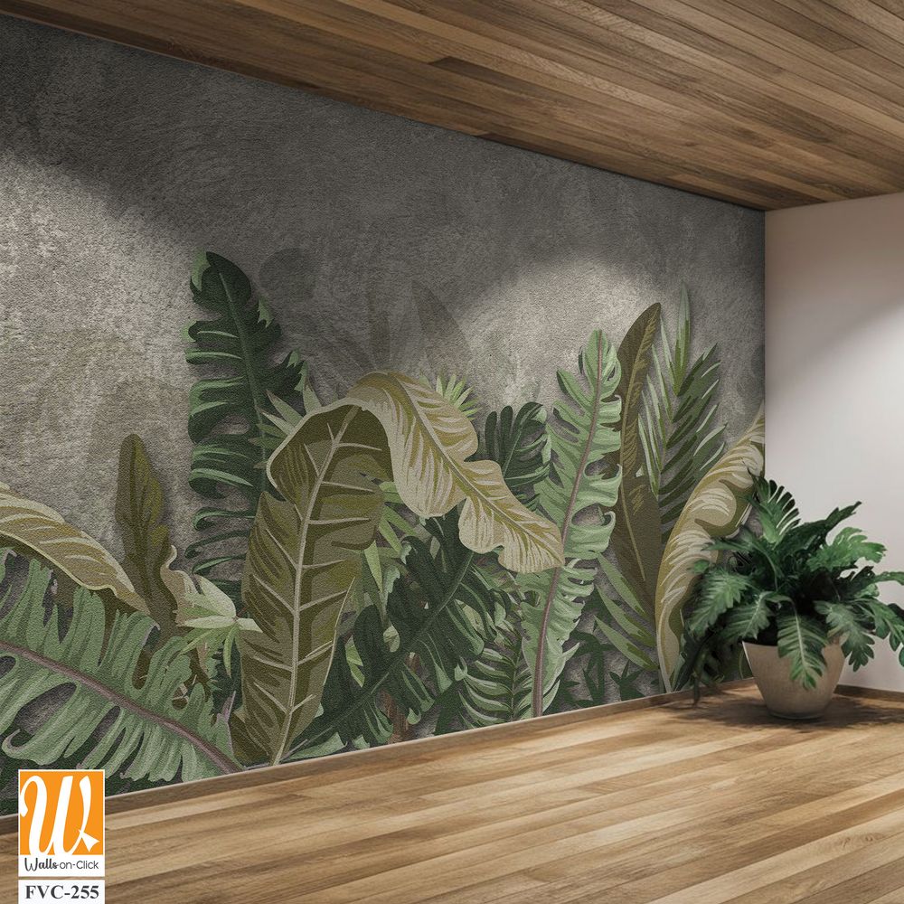 Bohemian-style painting of green leaves on a grey background Wallpaper [WP-FVC-255]