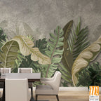 Bohemian-style painting of green leaves on a grey background Wallpaper [WP-FVC-255]