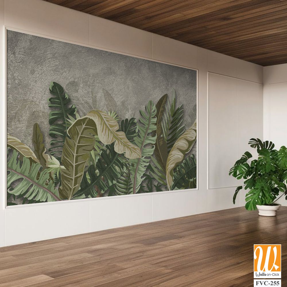 Bohemian-style painting of green leaves on a grey background Wallpaper [WP-FVC-255]