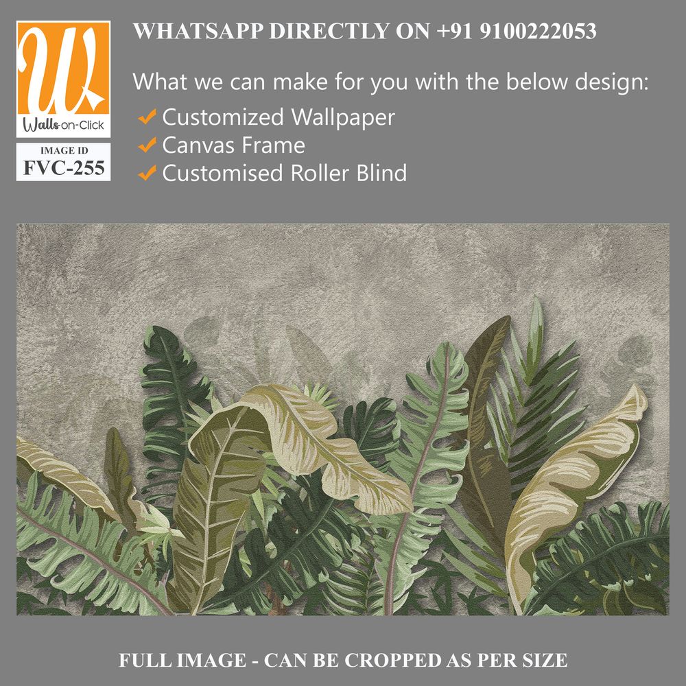Bohemian-style painting of green leaves on a grey background Wallpaper [WP-FVC-255]