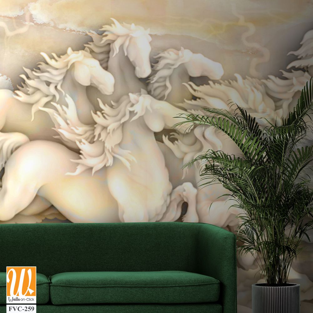 3D marble relief of horses running in the sea [WP-FVC-259]