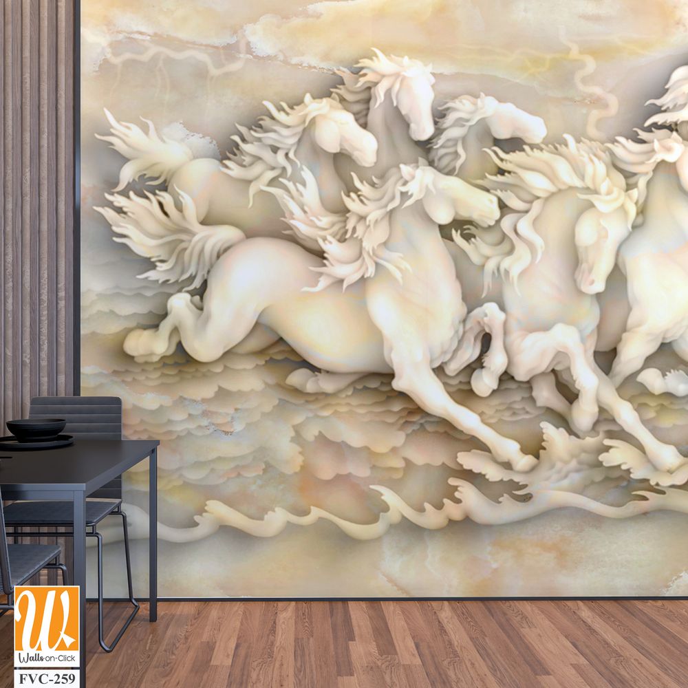 3D marble relief of horses running in the sea [WP-FVC-259]