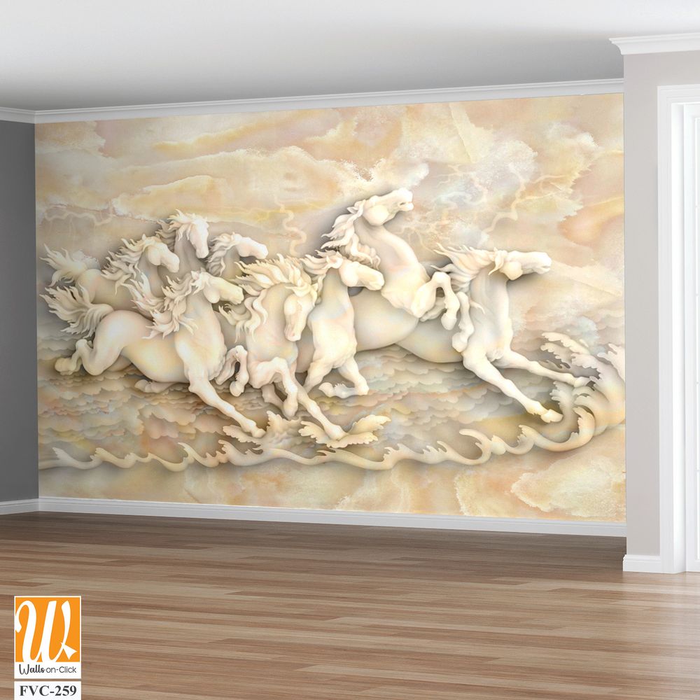 3D marble relief of horses running in the sea [WP-FVC-259]