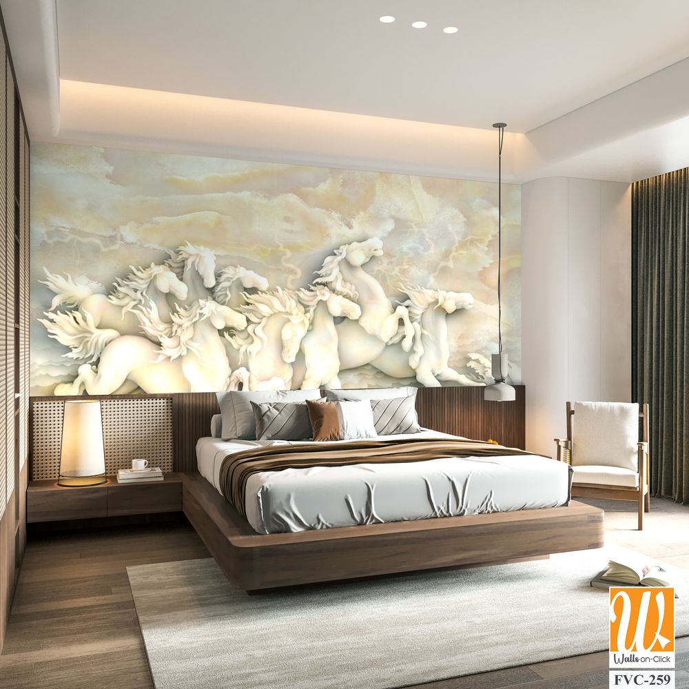 3D marble relief of horses running in the sea [WP-FVC-259]