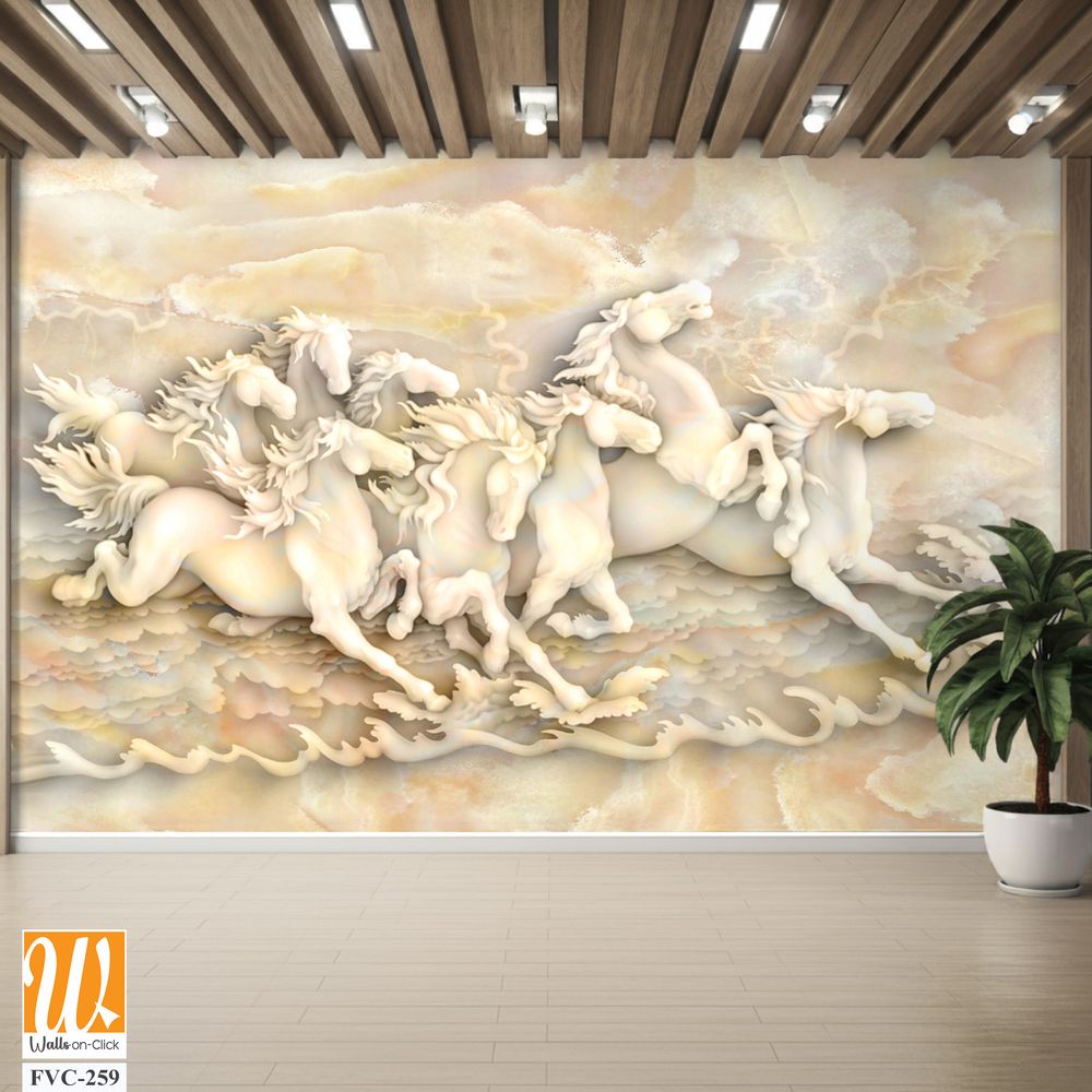 3D marble relief of horses running in the sea [WP-FVC-259]
