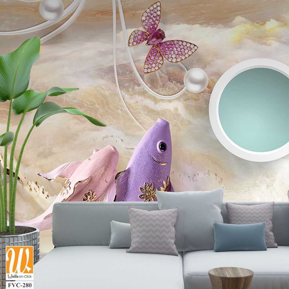 3D Elegant koi fish, clouds, and water waves Wallpaper [WP-FVC-280]