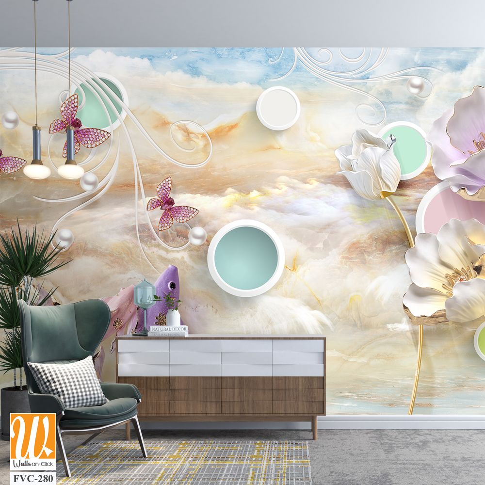 3D Elegant koi fish, clouds, and water waves Wallpaper [WP-FVC-280]