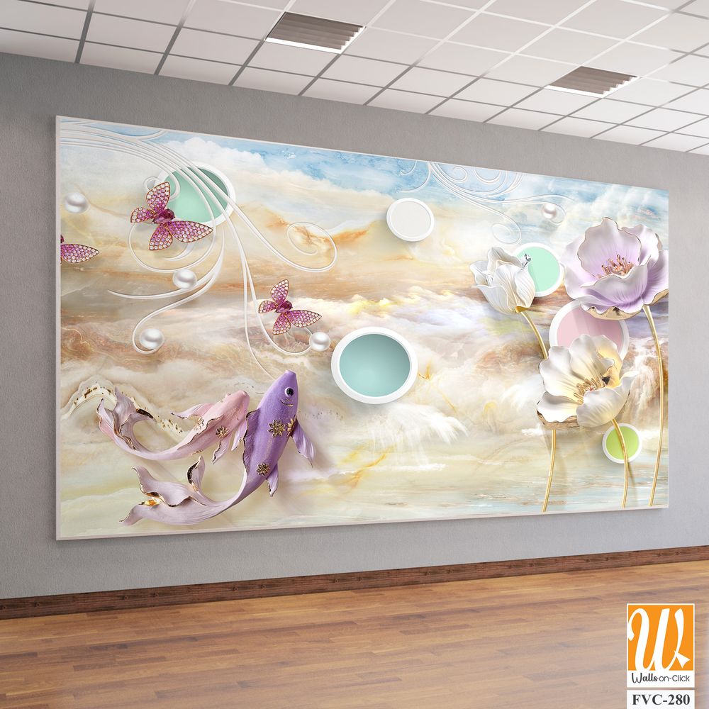 3D Elegant koi fish, clouds, and water waves Wallpaper [WP-FVC-280]