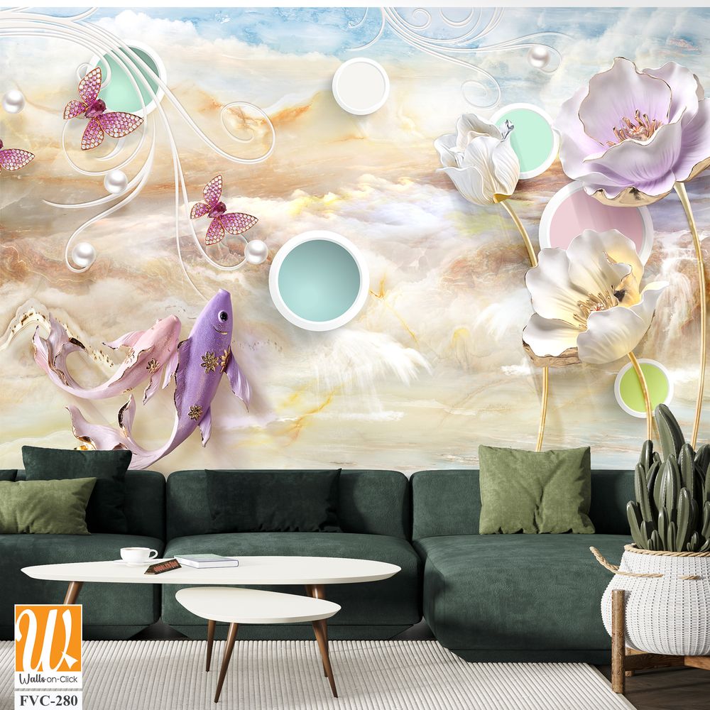 3D Elegant koi fish, clouds, and water waves Wallpaper [WP-FVC-280]