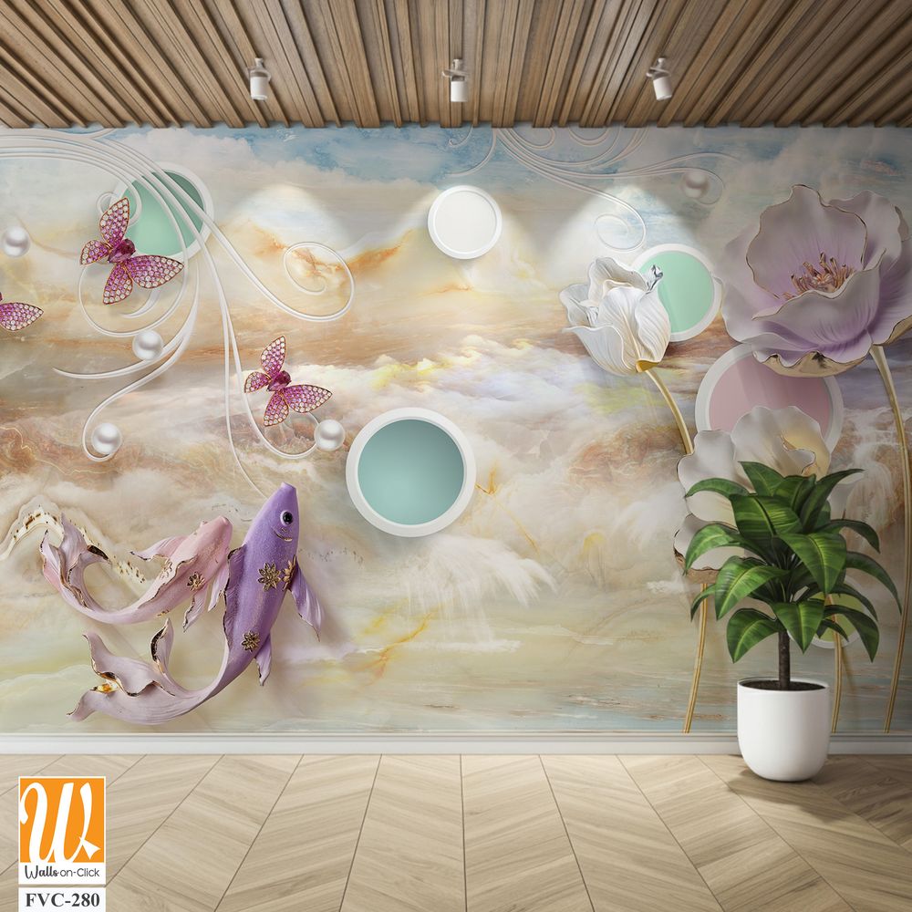 3D Elegant koi fish, clouds, and water waves Wallpaper [WP-FVC-280]
