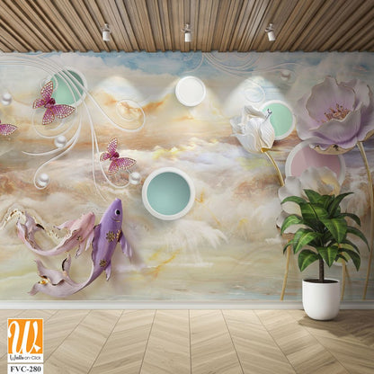 3D Elegant koi fish, clouds, and water waves Wallpaper [WP-FVC-280]