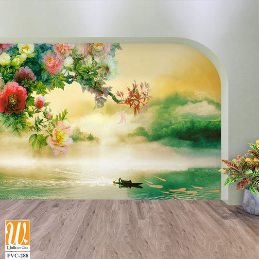 Beautiful peony flower tree branch hanging across a lake Wallpaper [WP-FVC-288]