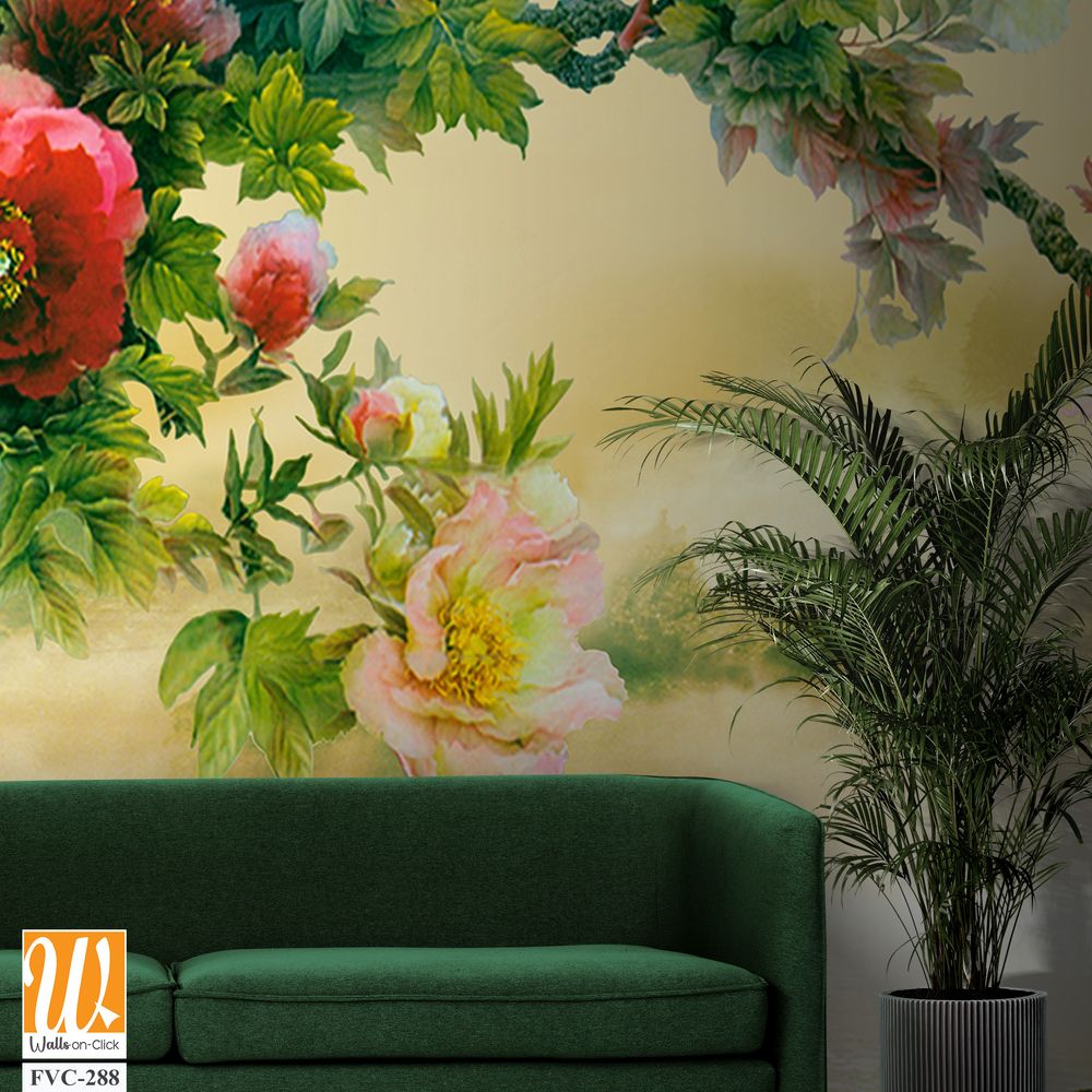Beautiful peony flower tree branch hanging across a lake Wallpaper [WP-FVC-288]