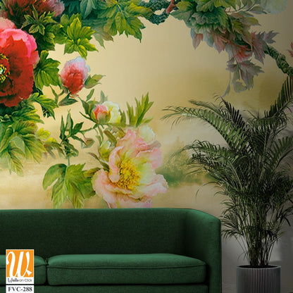 Beautiful peony flower tree branch hanging across a lake Wallpaper [WP-FVC-288]