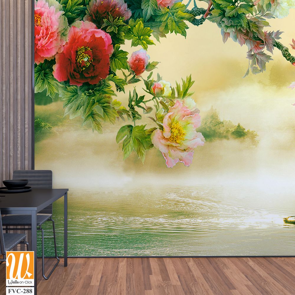 Beautiful peony flower tree branch hanging across a lake Wallpaper [WP-FVC-288]