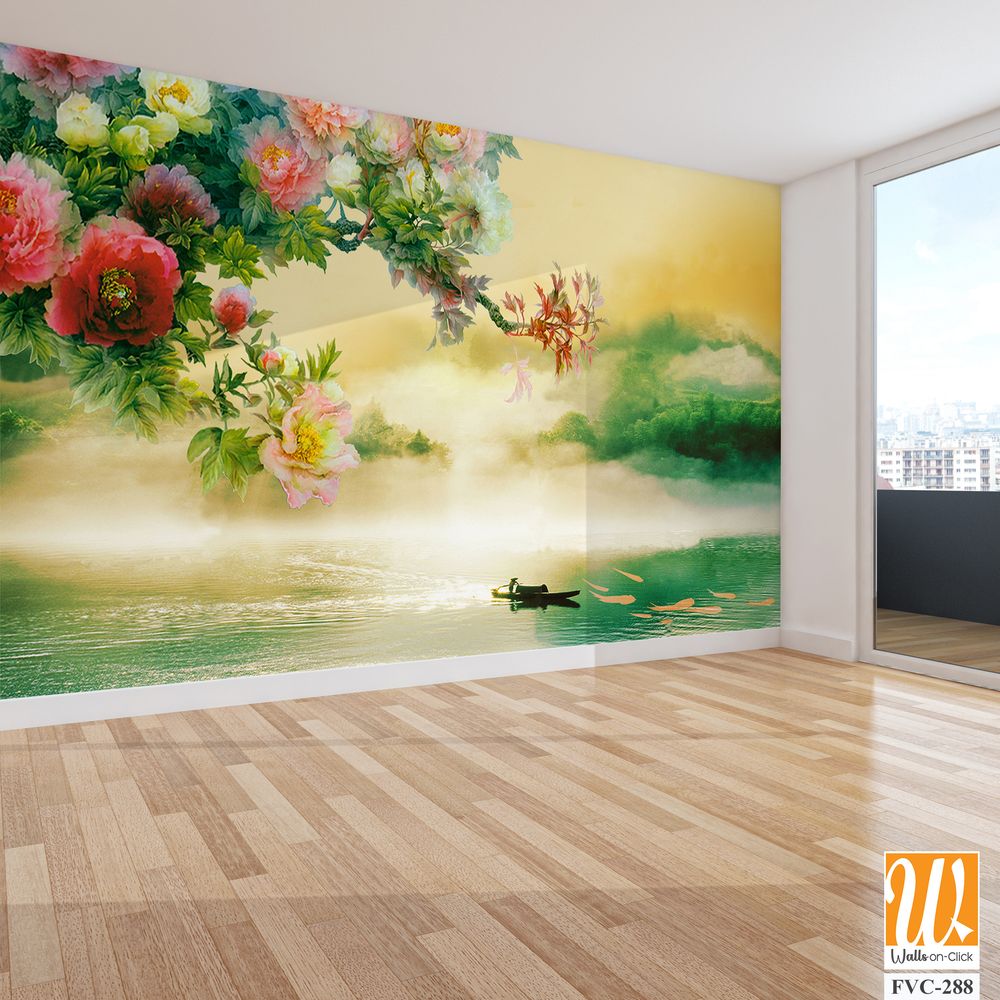 Beautiful peony flower tree branch hanging across a lake Wallpaper [WP-FVC-288]