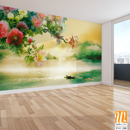 Beautiful peony flower tree branch hanging across a lake Wallpaper [WP-FVC-288]