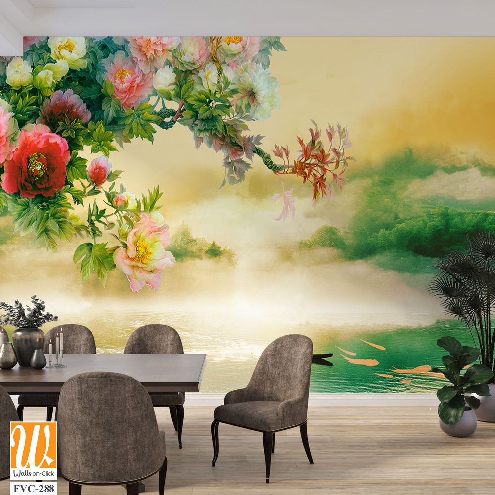 Beautiful peony flower tree branch hanging across a lake Wallpaper [WP-FVC-288]
