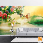 Beautiful peony flower tree branch hanging across a lake Wallpaper [WP-FVC-288]