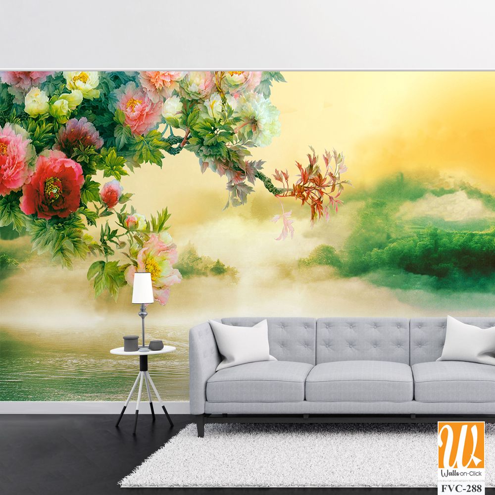 Beautiful peony flower tree branch hanging across a lake Wallpaper [WP-FVC-288]