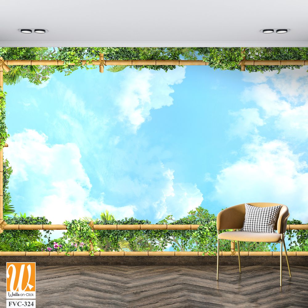 Bamboo frame with blue sky and green plants Wallpaper [WP-FVC-324]