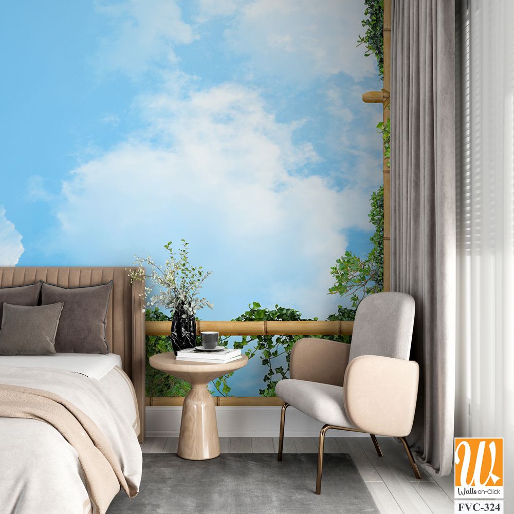 Bamboo frame with blue sky and green plants Wallpaper [WP-FVC-324]