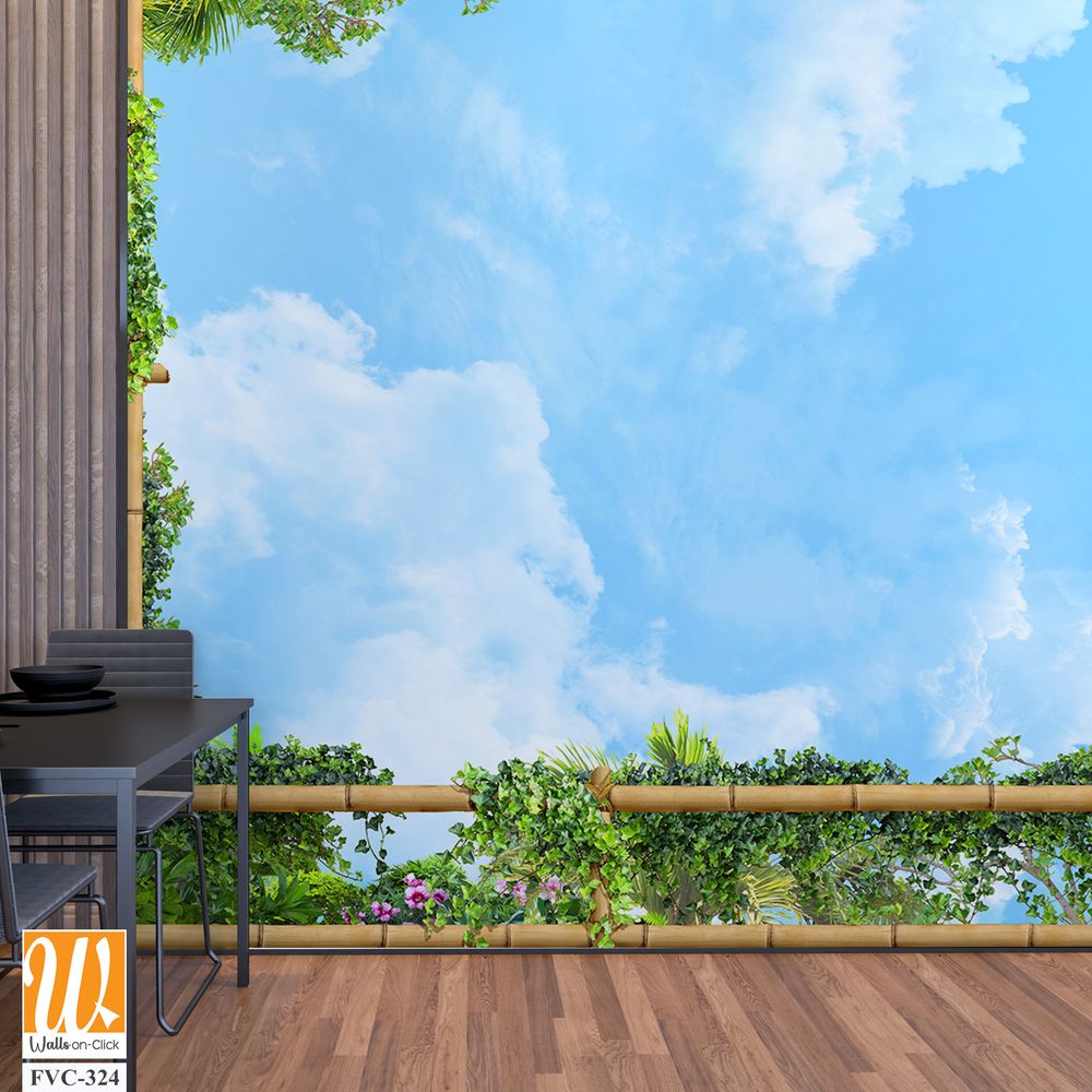 Bamboo frame with blue sky and green plants Wallpaper [WP-FVC-324]
