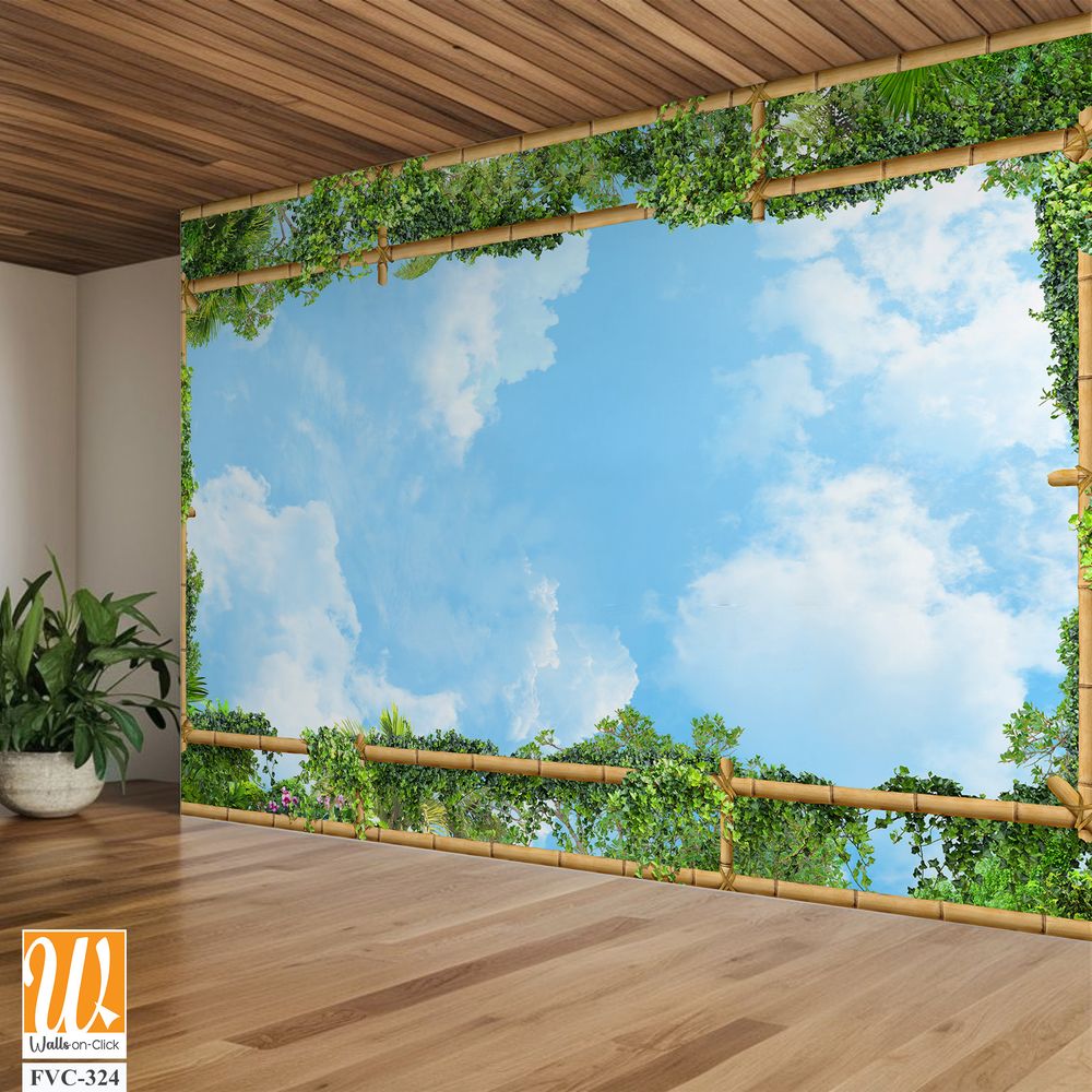 Bamboo frame with blue sky and green plants Wallpaper [WP-FVC-324]