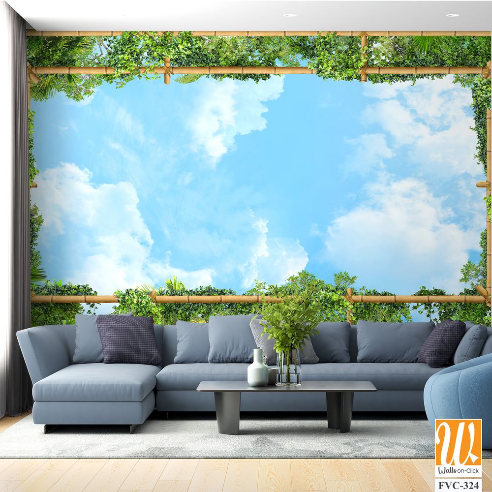 Bamboo frame with blue sky and green plants Wallpaper [WP-FVC-324]