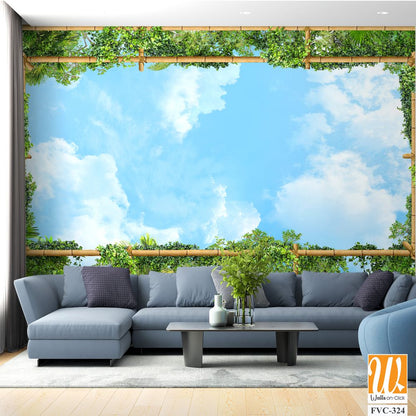 Bamboo frame with blue sky and green plants Wallpaper [WP-FVC-324]