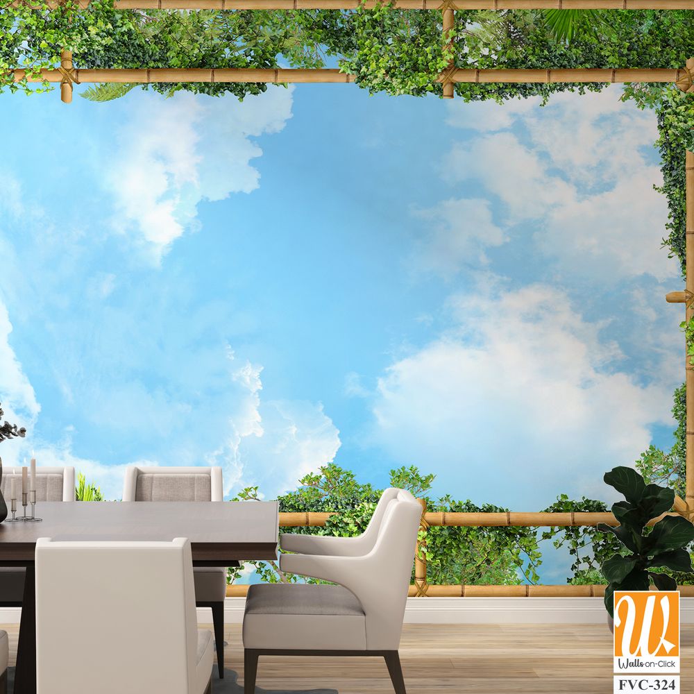 Bamboo frame with blue sky and green plants Wallpaper [WP-FVC-324]