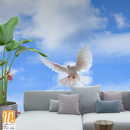White doves flying in the sky, pink and green leaves Wallpaper [WP-FVC-326]