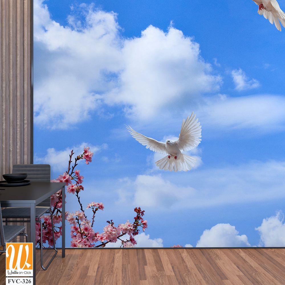 White doves flying in the sky, pink and green leaves Wallpaper [WP-FVC-326]