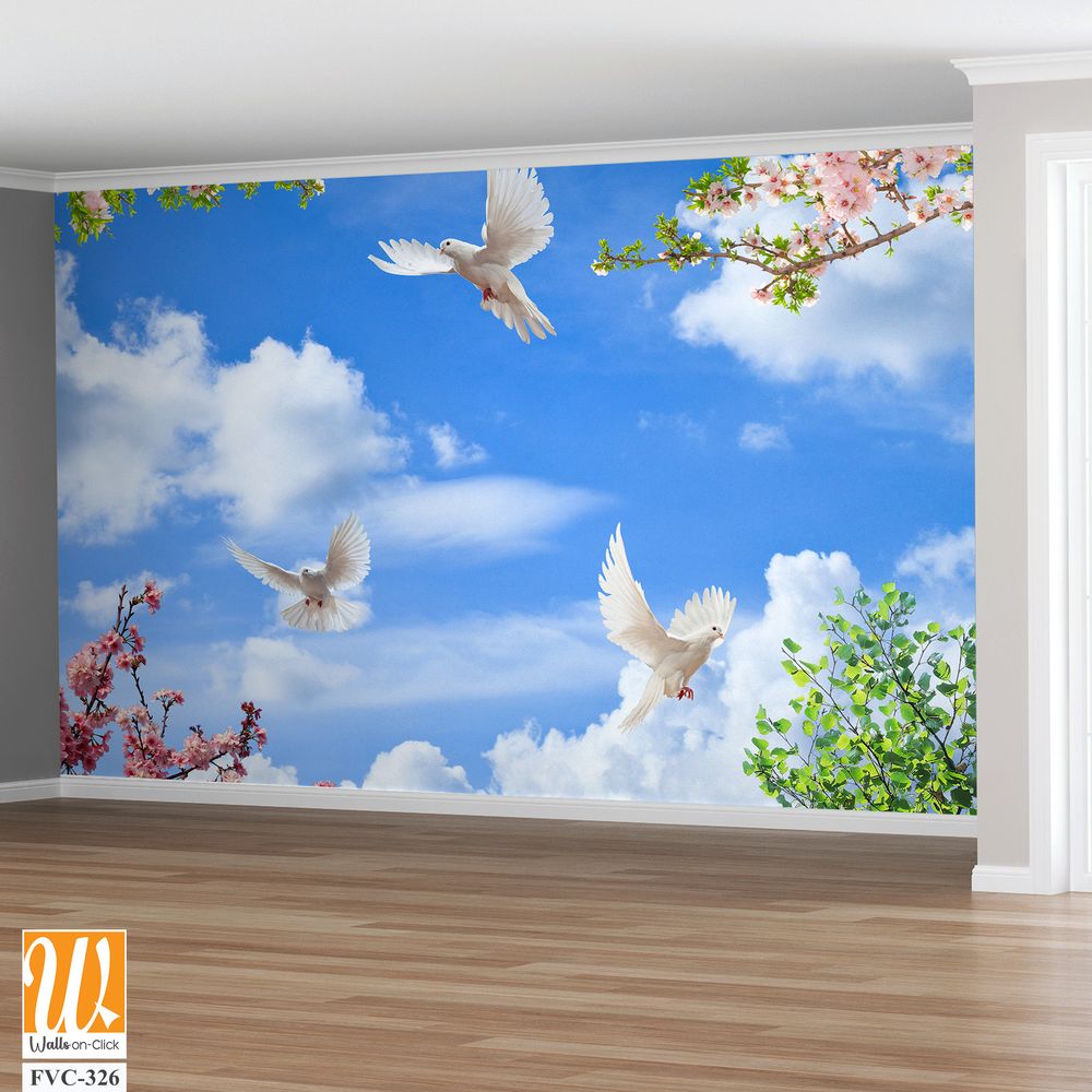 White doves flying in the sky, pink and green leaves Wallpaper [WP-FVC-326]