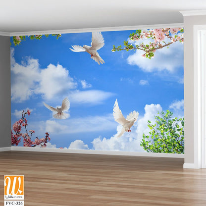 White doves flying in the sky, pink and green leaves Wallpaper [WP-FVC-326]