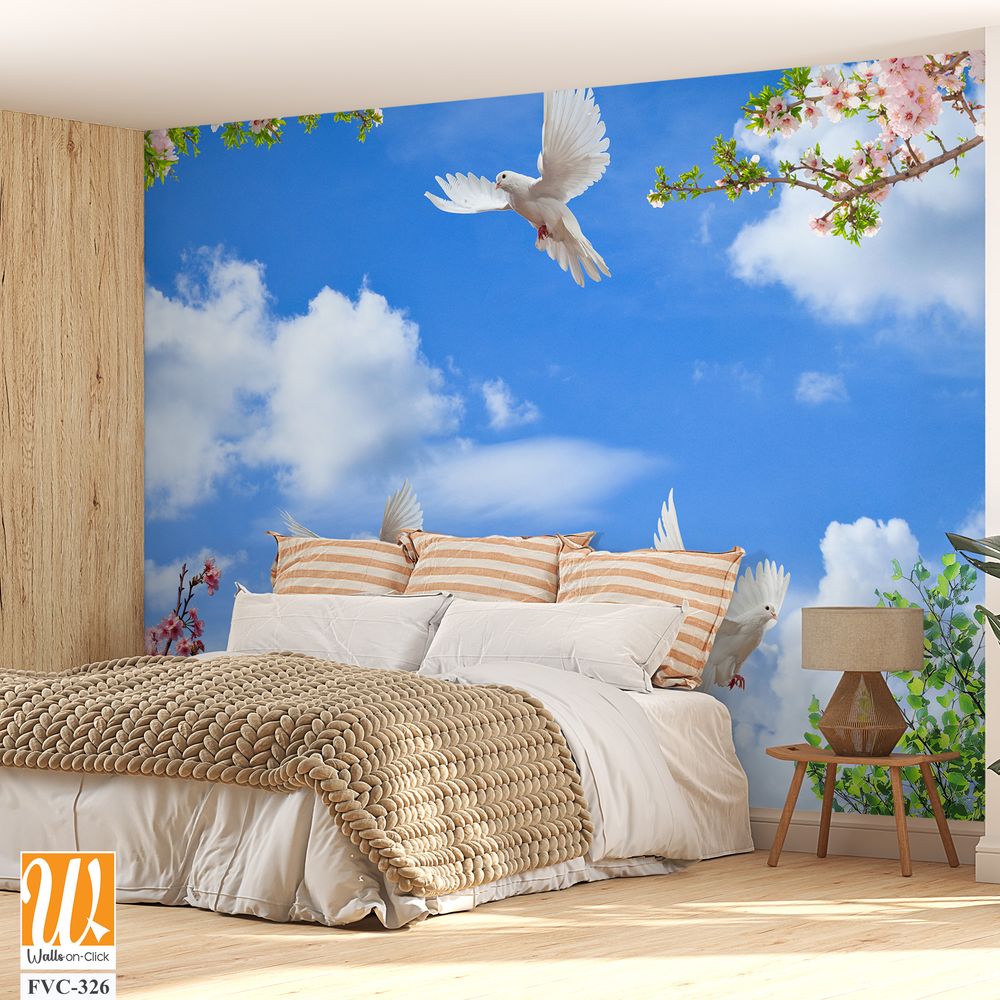 White doves flying in the sky, pink and green leaves Wallpaper [WP-FVC-326]