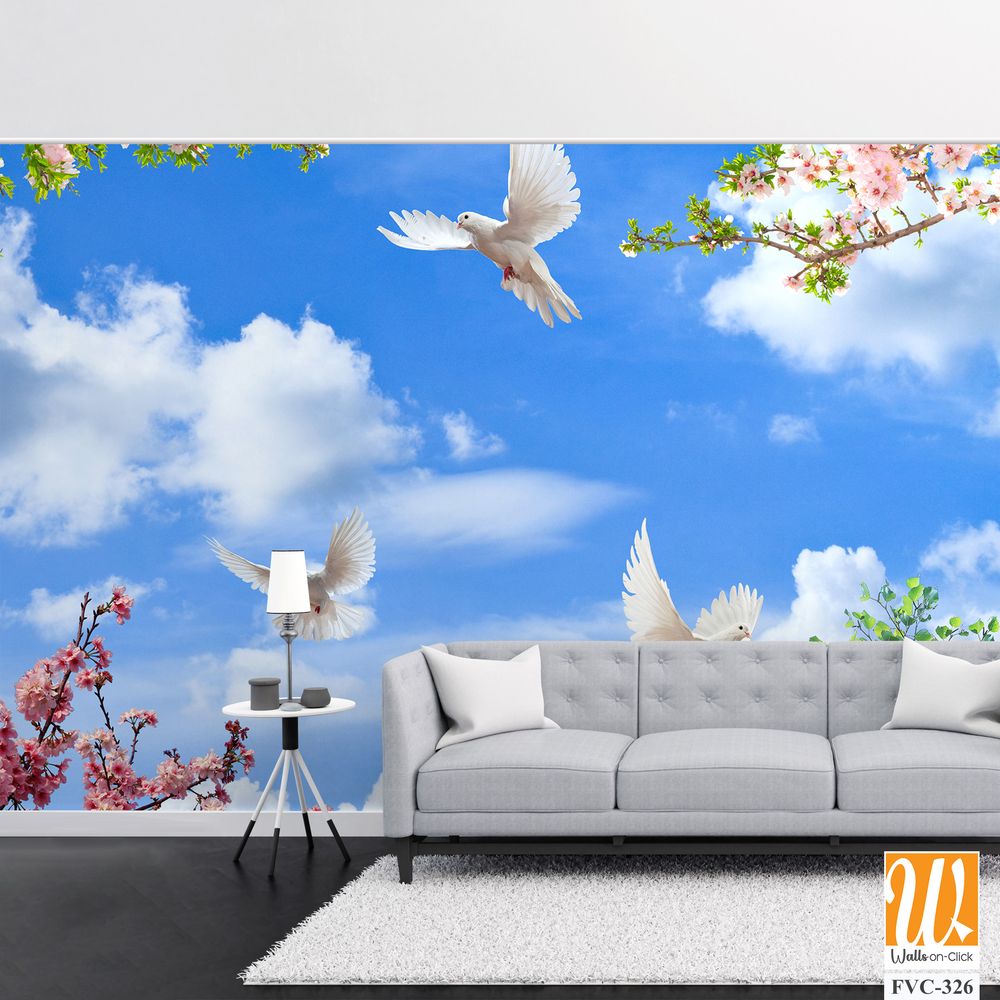 White doves flying in the sky, pink and green leaves Wallpaper [WP-FVC-326]
