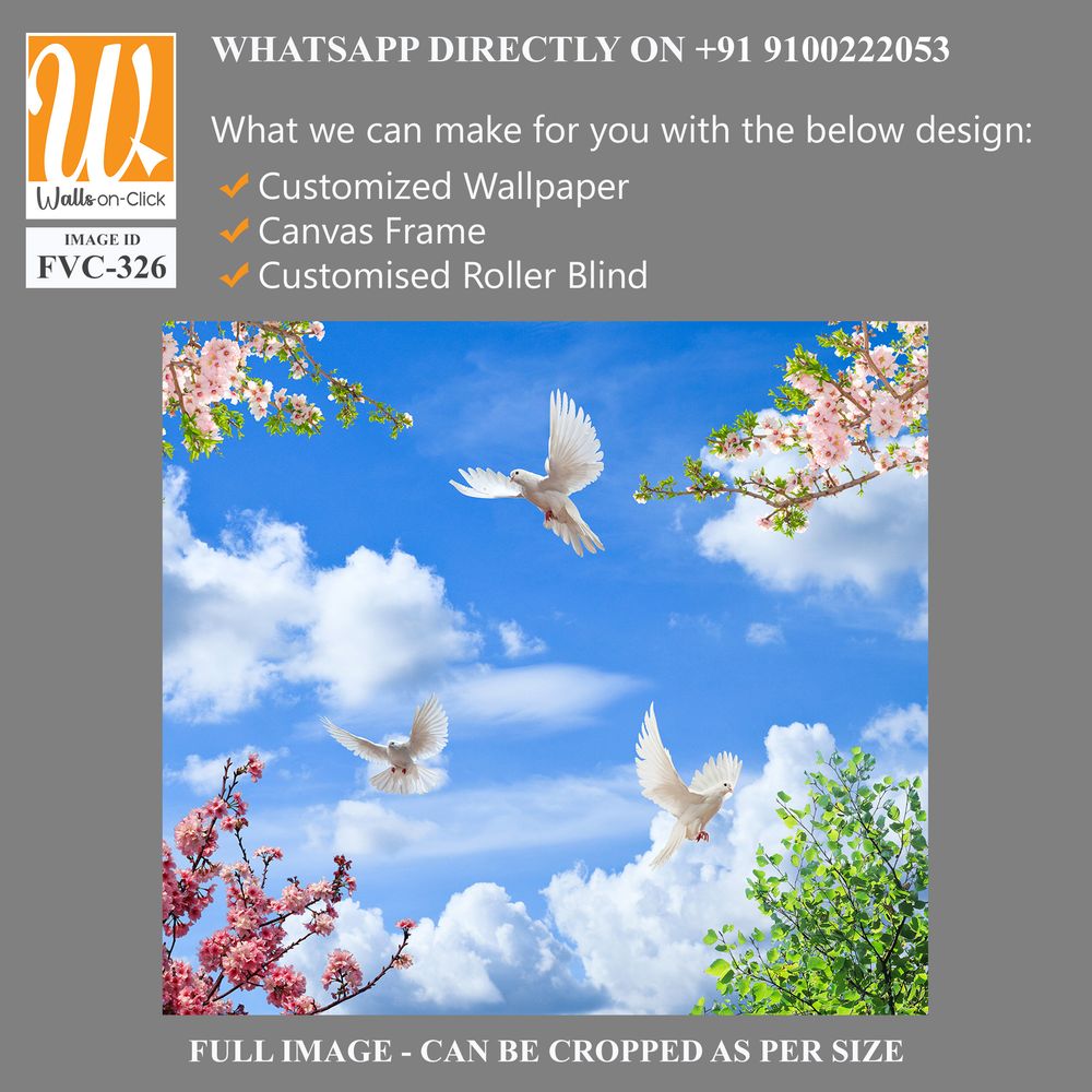 White doves flying in the sky, pink and green leaves Wallpaper [WP-FVC-326]
