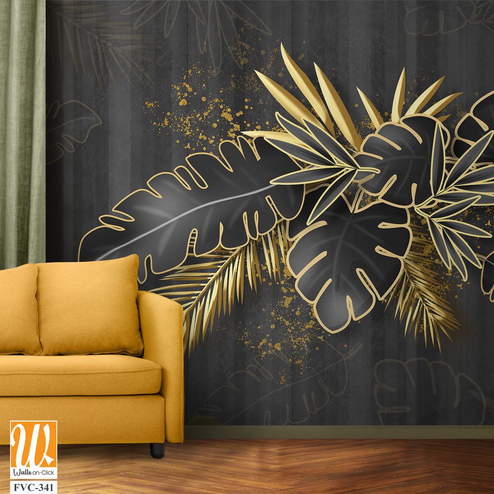 3D black palm leaves and golden plants [WP-FVC-341]