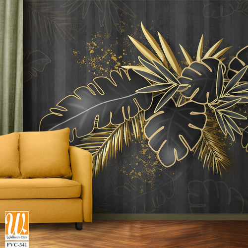 3D black palm leaves and golden plants [WP-FVC-341]