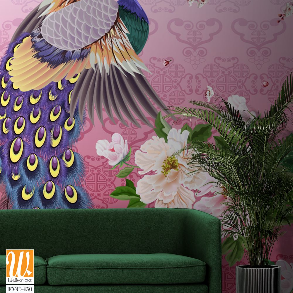 Peacock with plum blossoms and Chinese lanterns Wallpaper [WP-FVC-430]