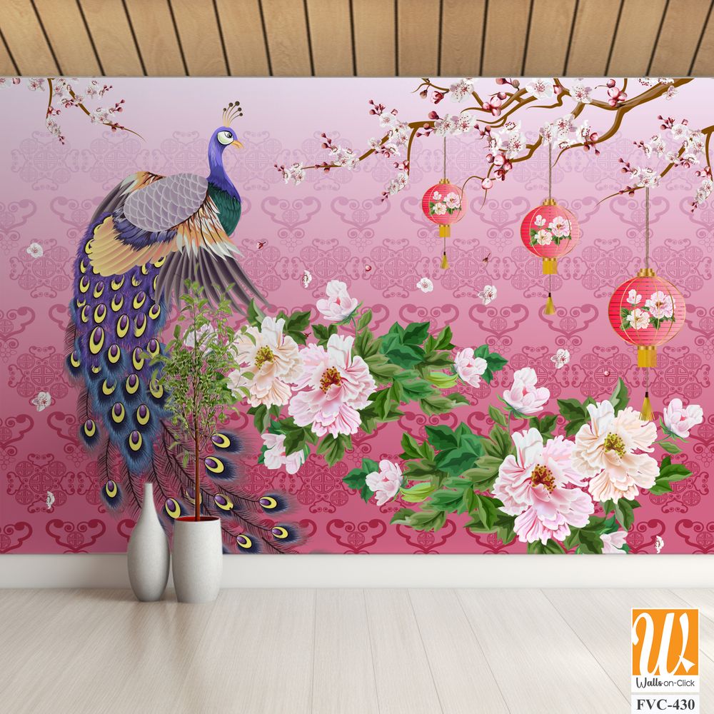 Peacock with plum blossoms and Chinese lanterns Wallpaper [WP-FVC-430]