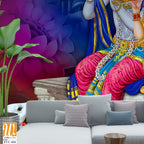 Lord Krishna and Goddess Radha sitting on a stone platform Wallpaper [WP-FVC-494]