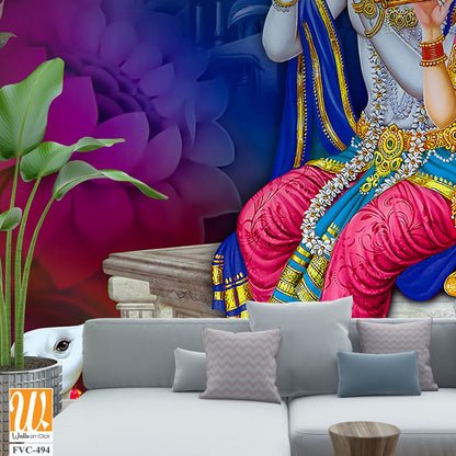 Lord Krishna and Goddess Radha sitting on a stone platform Wallpaper [WP-FVC-494]