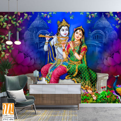 Lord Krishna and Goddess Radha sitting on a stone platform Wallpaper [WP-FVC-494]