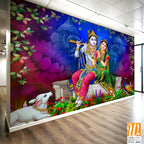 Lord Krishna and Goddess Radha sitting on a stone platform Wallpaper [WP-FVC-494]