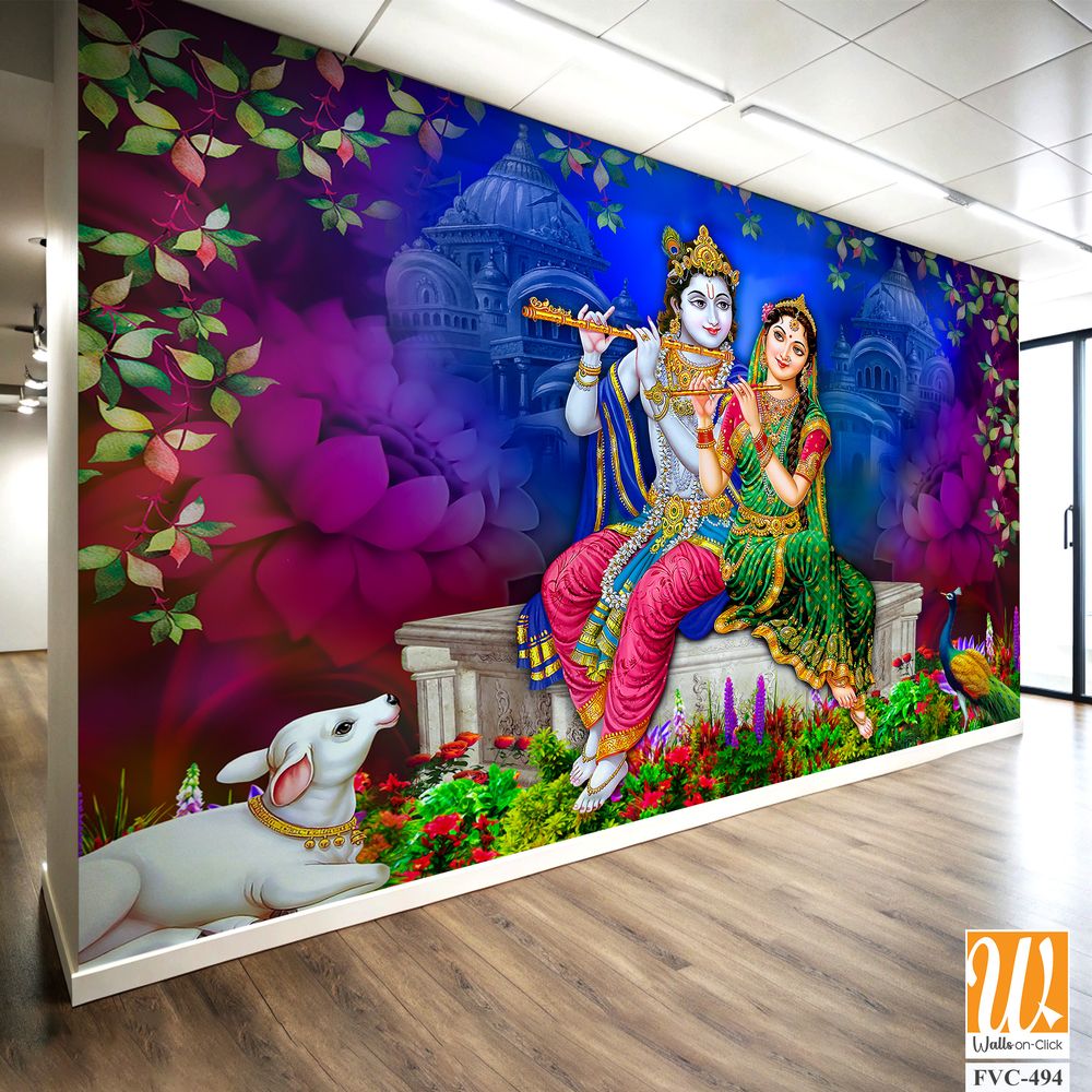 Lord Krishna and Goddess Radha sitting on a stone platform Wallpaper [WP-FVC-494]
