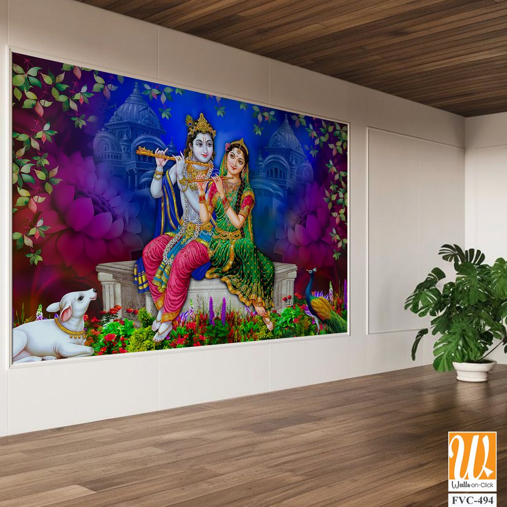 Lord Krishna and Goddess Radha sitting on a stone platform Wallpaper [WP-FVC-494]