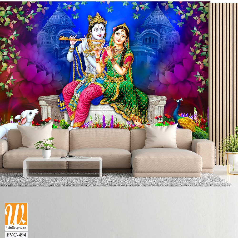 Lord Krishna and Goddess Radha sitting on a stone platform Wallpaper [WP-FVC-494]