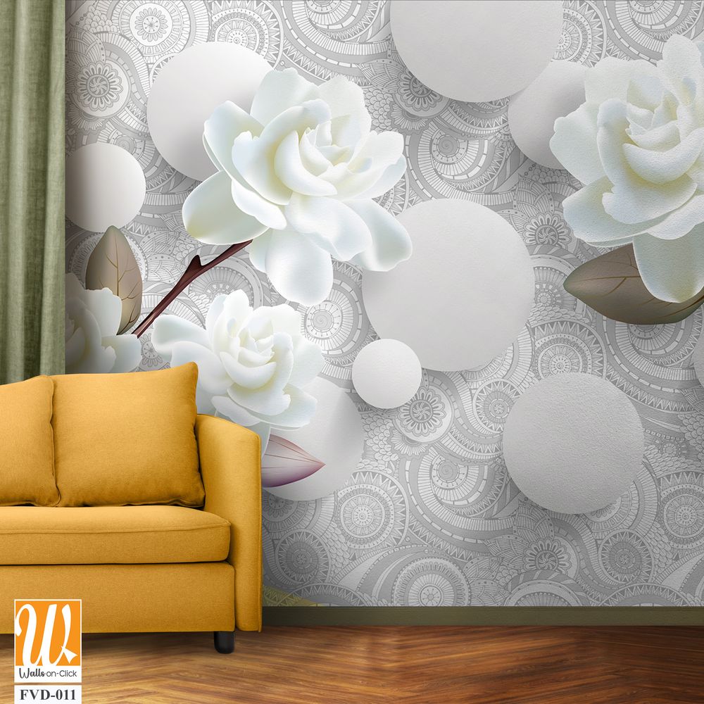 3D wallpaper featuring white roses and gardenias [WP-FVD-011]